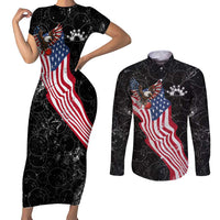 American Eagle Bowling Couples Matching Short Sleeve Bodycon Dress and Long Sleeve Button Shirt with Distressed Flag and Grunge Pattern in Red White and Blue - Wonder Print Shop