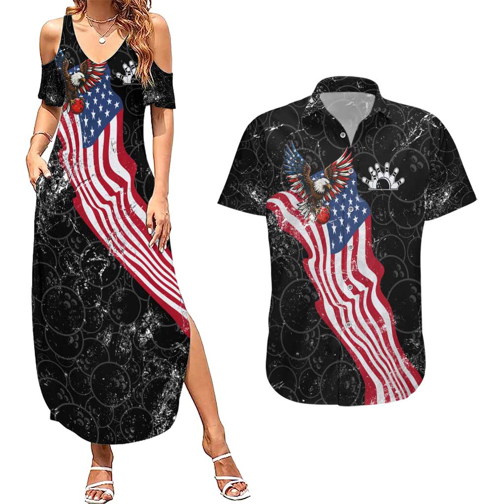 American Eagle Bowling Couples Matching Summer Maxi Dress and Hawaiian Shirt with Distressed Flag and Grunge Pattern in Red White and Blue - Wonder Print Shop