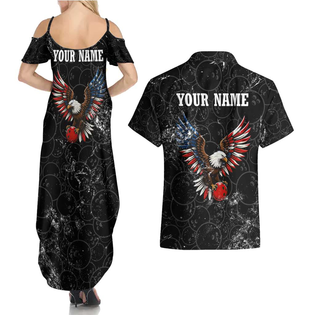 American Eagle Bowling Couples Matching Summer Maxi Dress and Hawaiian Shirt with Distressed Flag and Grunge Pattern in Red White and Blue - Wonder Print Shop