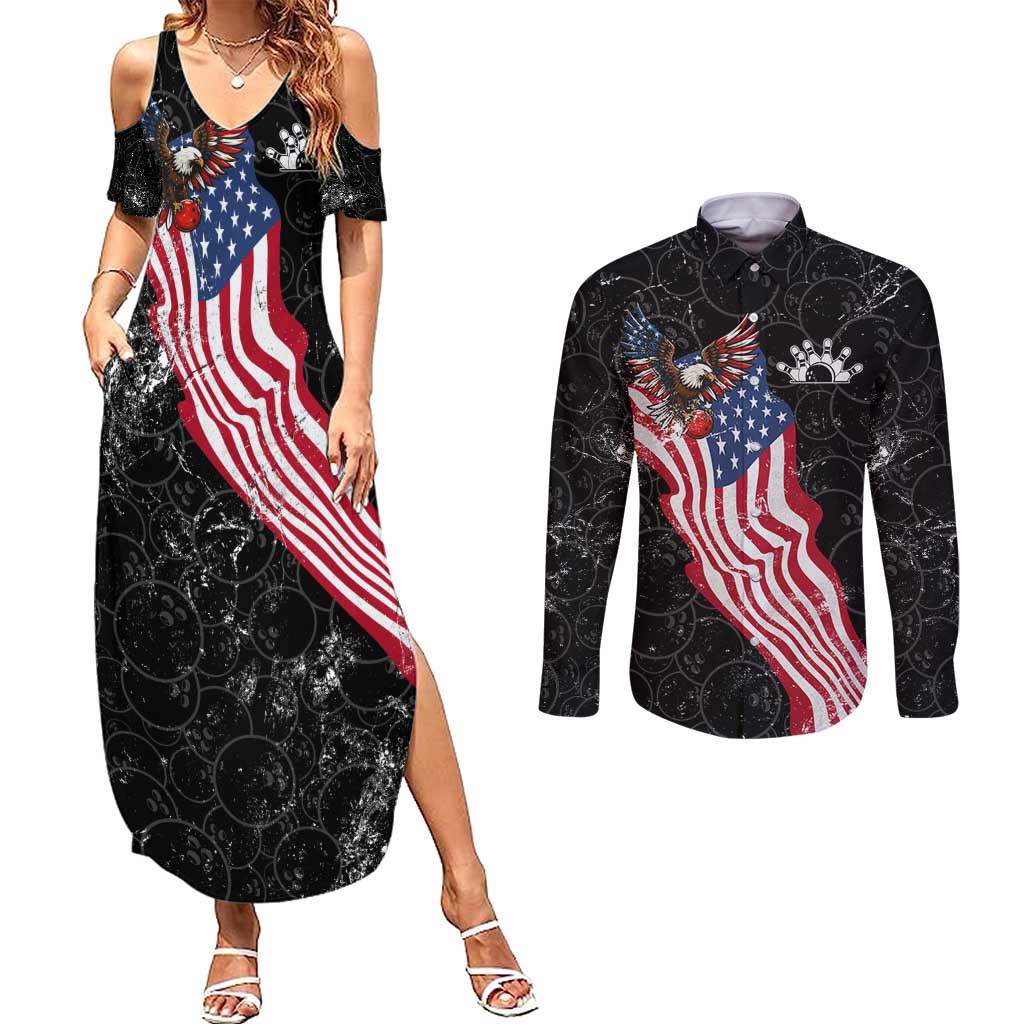 American Eagle Bowling Couples Matching Summer Maxi Dress and Long Sleeve Button Shirt with Distressed Flag and Grunge Pattern in Red White and Blue - Wonder Print Shop