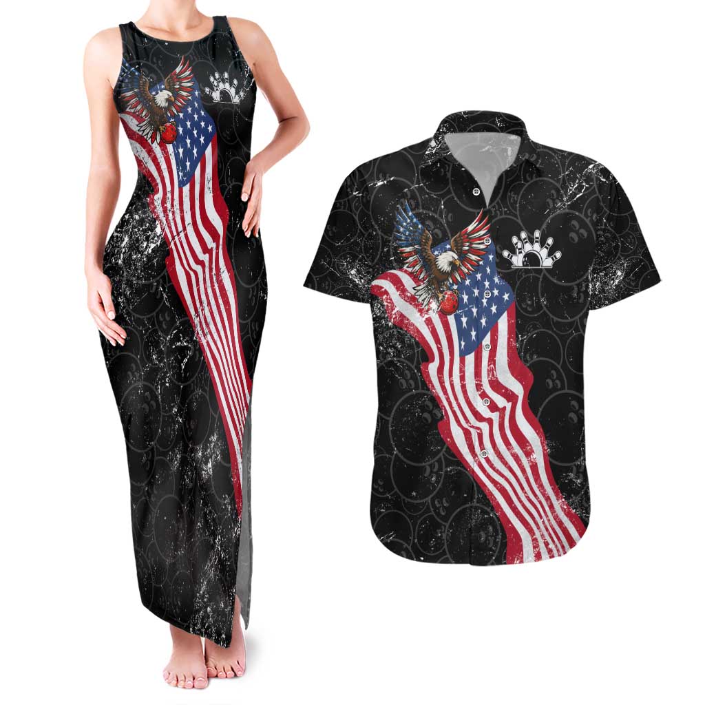 American Eagle Bowling Couples Matching Tank Maxi Dress and Hawaiian Shirt with Distressed Flag and Grunge Pattern in Red White and Blue - Wonder Print Shop