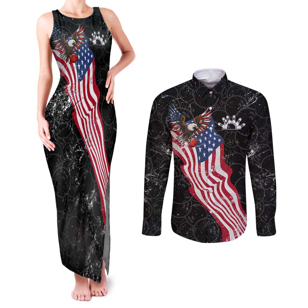 American Eagle Bowling Couples Matching Tank Maxi Dress and Long Sleeve Button Shirt with Distressed Flag and Grunge Pattern in Red White and Blue - Wonder Print Shop