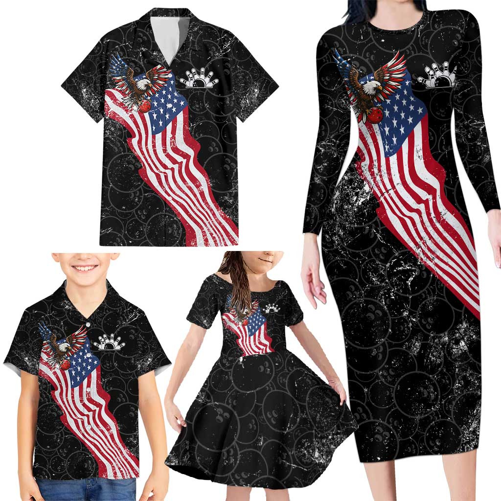 American Eagle Bowling Family Matching Long Sleeve Bodycon Dress and Hawaiian Shirt with Distressed Flag and Grunge Pattern in Red White and Blue - Wonder Print Shop