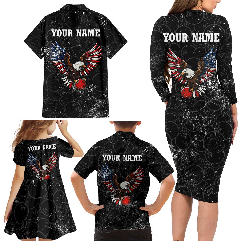 American Eagle Bowling Family Matching Long Sleeve Bodycon Dress and Hawaiian Shirt with Distressed Flag and Grunge Pattern in Red White and Blue - Wonder Print Shop