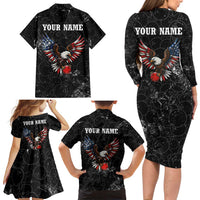 American Eagle Bowling Family Matching Long Sleeve Bodycon Dress and Hawaiian Shirt with Distressed Flag and Grunge Pattern in Red White and Blue - Wonder Print Shop