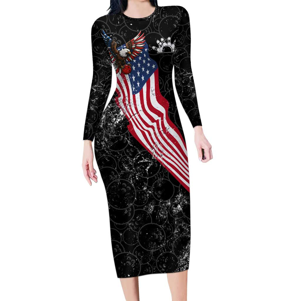 American Eagle Bowling Family Matching Long Sleeve Bodycon Dress and Hawaiian Shirt with Distressed Flag and Grunge Pattern in Red White and Blue - Wonder Print Shop
