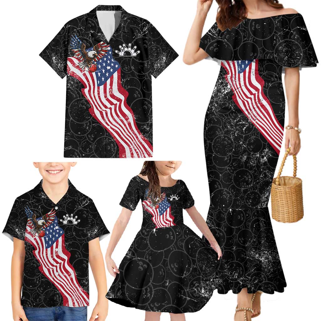 American Eagle Bowling Family Matching Mermaid Dress and Hawaiian Shirt with Distressed Flag and Grunge Pattern in Red White and Blue - Wonder Print Shop