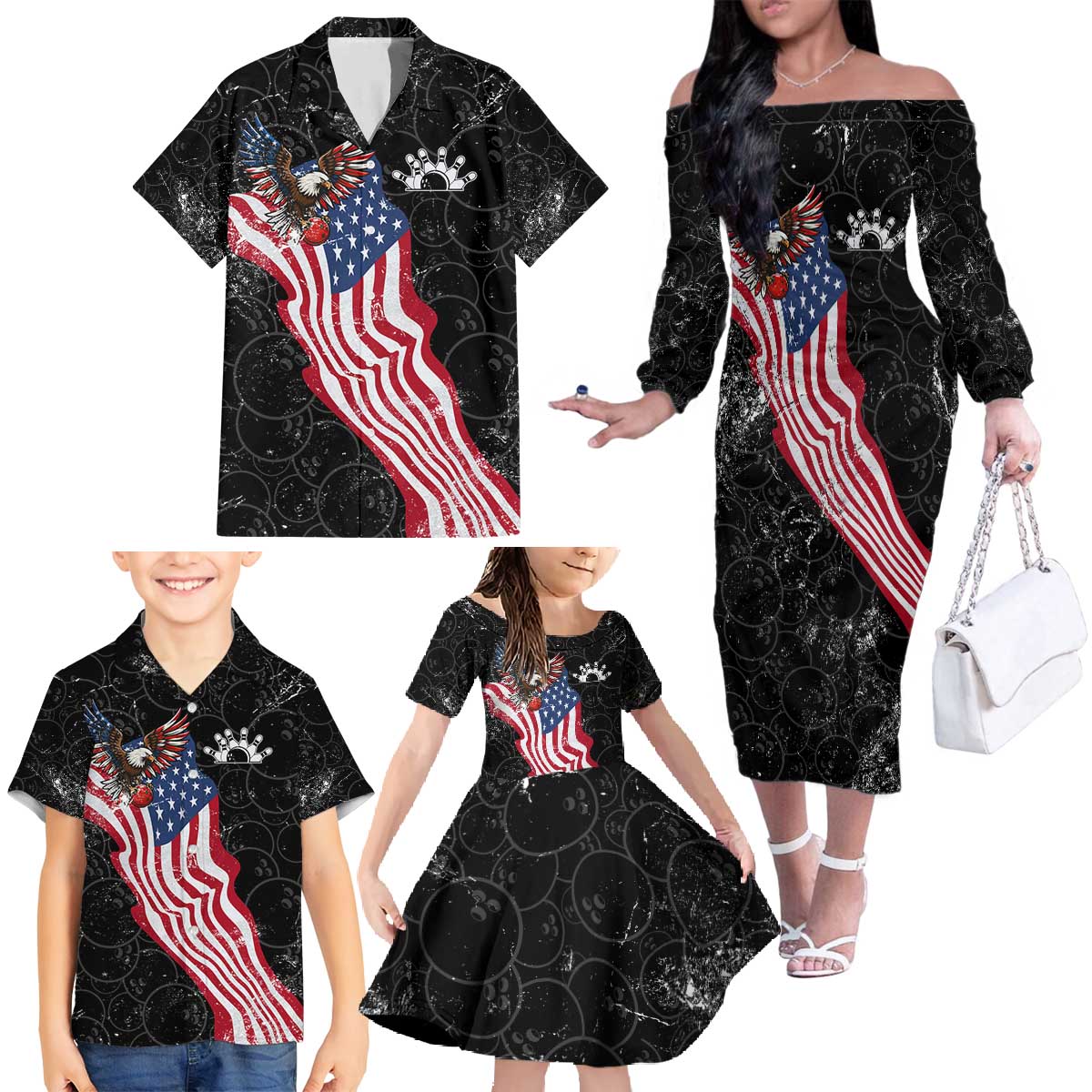 American Eagle Bowling Family Matching Off The Shoulder Long Sleeve Dress and Hawaiian Shirt with Distressed Flag and Grunge Pattern in Red White and Blue - Wonder Print Shop