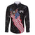 American Eagle Bowling Family Matching Off The Shoulder Long Sleeve Dress and Hawaiian Shirt with Distressed Flag and Grunge Pattern in Red White and Blue - Wonder Print Shop