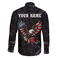 American Eagle Bowling Family Matching Off The Shoulder Long Sleeve Dress and Hawaiian Shirt with Distressed Flag and Grunge Pattern in Red White and Blue - Wonder Print Shop
