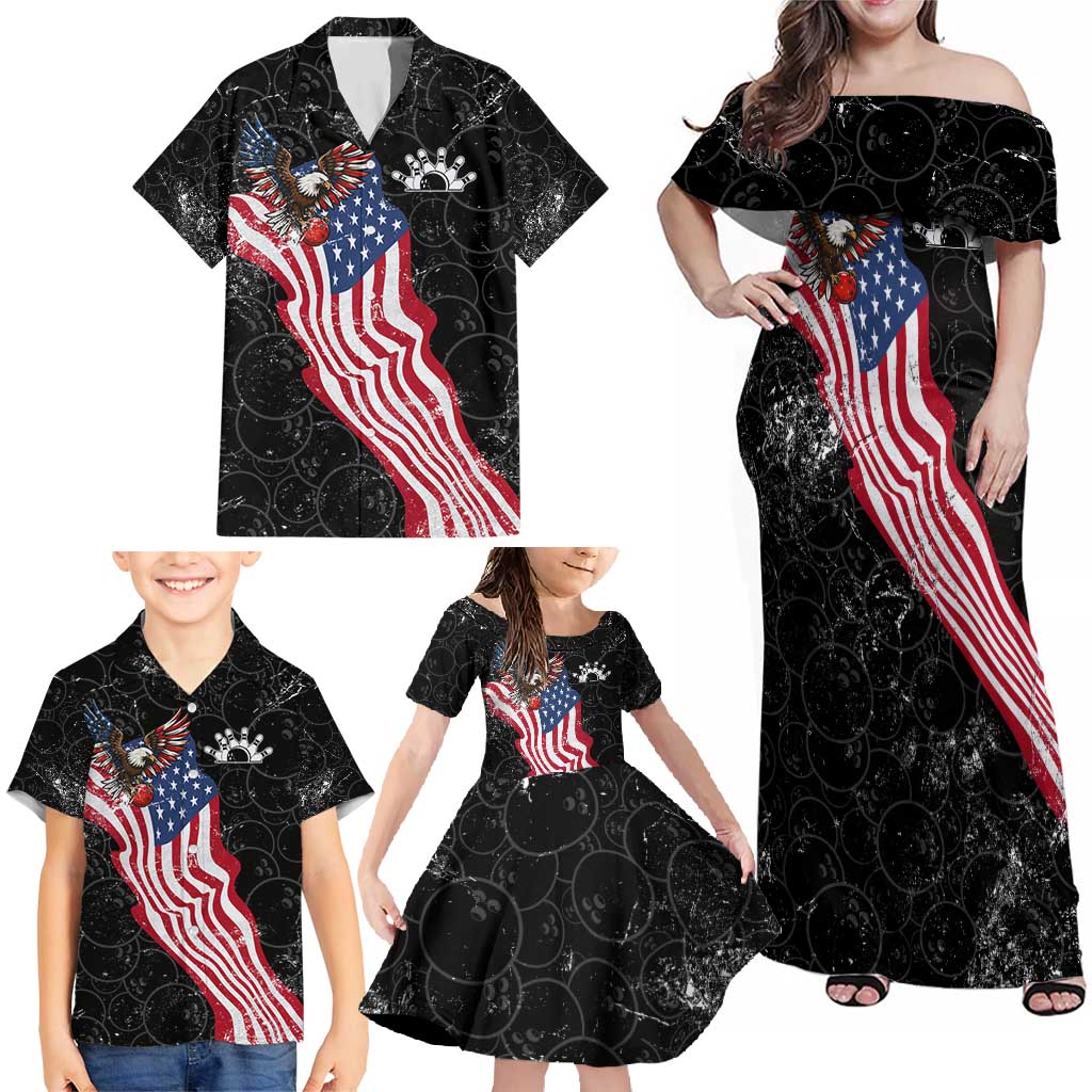 American Eagle Bowling Family Matching Off Shoulder Maxi Dress and Hawaiian Shirt with Distressed Flag and Grunge Pattern in Red White and Blue - Wonder Print Shop