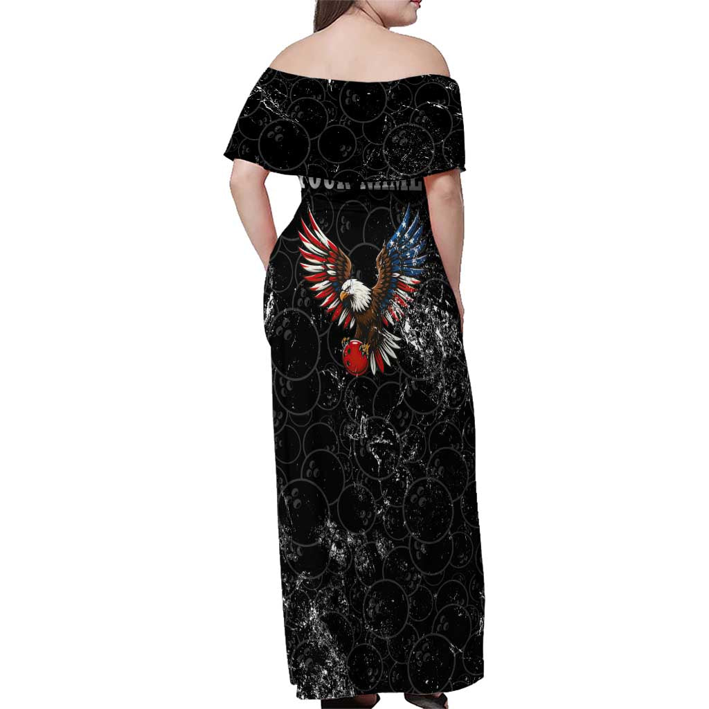 American Eagle Bowling Family Matching Off Shoulder Maxi Dress and Hawaiian Shirt with Distressed Flag and Grunge Pattern in Red White and Blue - Wonder Print Shop