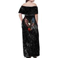 American Eagle Bowling Family Matching Off Shoulder Maxi Dress and Hawaiian Shirt with Distressed Flag and Grunge Pattern in Red White and Blue - Wonder Print Shop