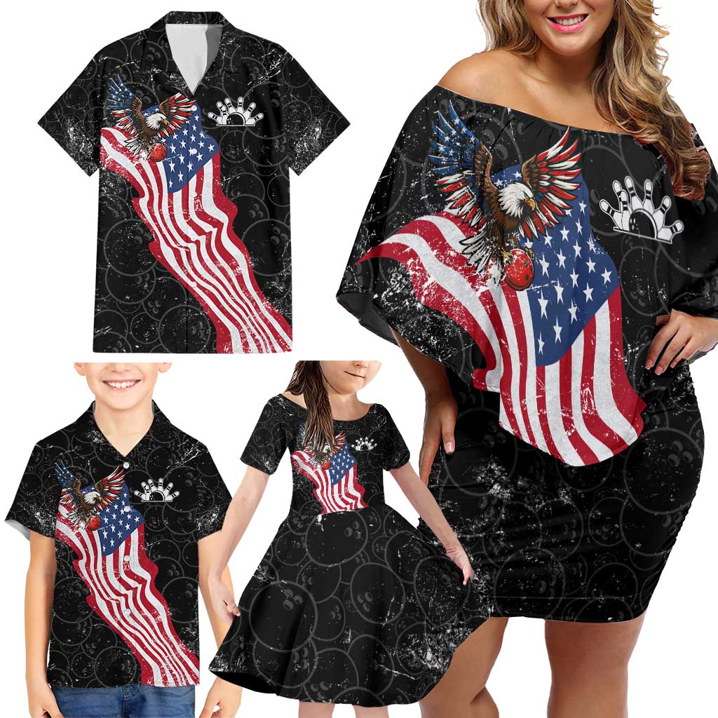 American Eagle Bowling Family Matching Off Shoulder Short Dress and Hawaiian Shirt with Distressed Flag and Grunge Pattern in Red White and Blue - Wonder Print Shop