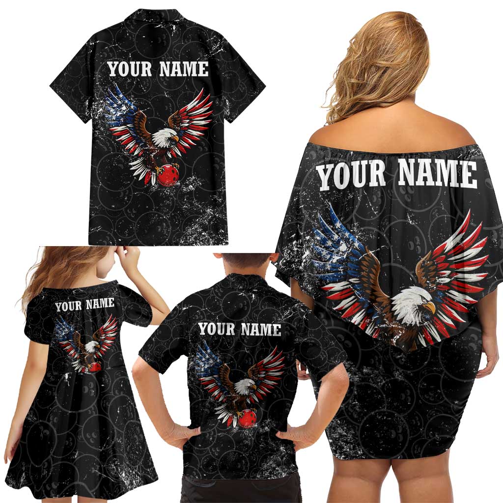 American Eagle Bowling Family Matching Off Shoulder Short Dress and Hawaiian Shirt with Distressed Flag and Grunge Pattern in Red White and Blue - Wonder Print Shop