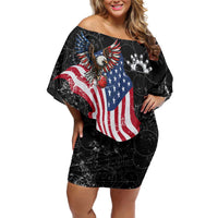 American Eagle Bowling Family Matching Off Shoulder Short Dress and Hawaiian Shirt with Distressed Flag and Grunge Pattern in Red White and Blue - Wonder Print Shop