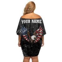 American Eagle Bowling Family Matching Off Shoulder Short Dress and Hawaiian Shirt with Distressed Flag and Grunge Pattern in Red White and Blue - Wonder Print Shop