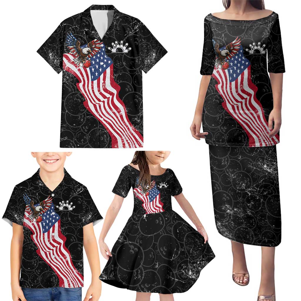 American Eagle Bowling Family Matching Puletasi and Hawaiian Shirt with Distressed Flag and Grunge Pattern in Red White and Blue - Wonder Print Shop
