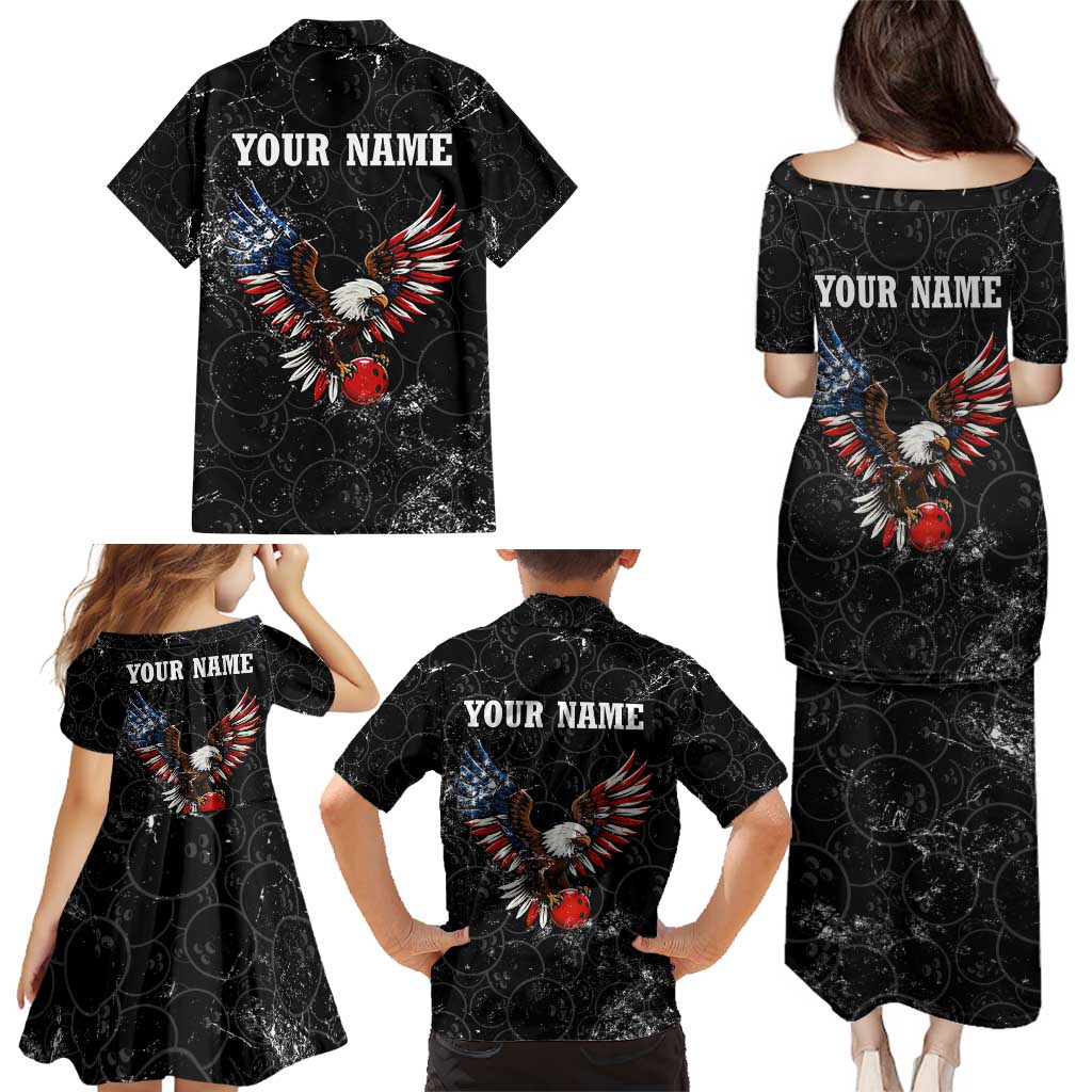 American Eagle Bowling Family Matching Puletasi and Hawaiian Shirt with Distressed Flag and Grunge Pattern in Red White and Blue - Wonder Print Shop