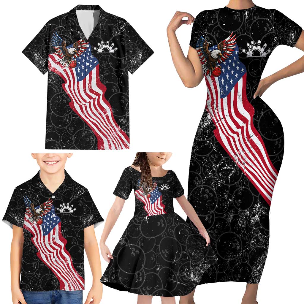 American Eagle Bowling Family Matching Short Sleeve Bodycon Dress and Hawaiian Shirt with Distressed Flag and Grunge Pattern in Red White and Blue - Wonder Print Shop