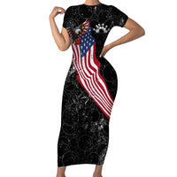 American Eagle Bowling Family Matching Short Sleeve Bodycon Dress and Hawaiian Shirt with Distressed Flag and Grunge Pattern in Red White and Blue - Wonder Print Shop