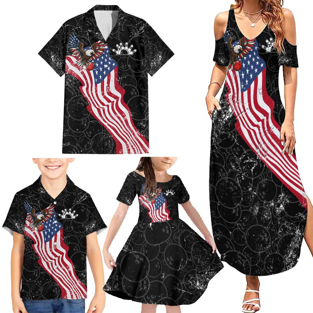 American Eagle Bowling Family Matching Summer Maxi Dress and Hawaiian Shirt with Distressed Flag and Grunge Pattern in Red White and Blue - Wonder Print Shop