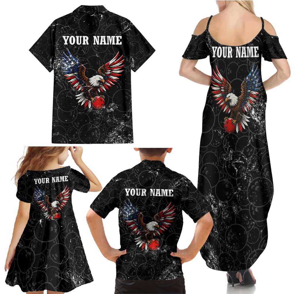 American Eagle Bowling Family Matching Summer Maxi Dress and Hawaiian Shirt with Distressed Flag and Grunge Pattern in Red White and Blue - Wonder Print Shop