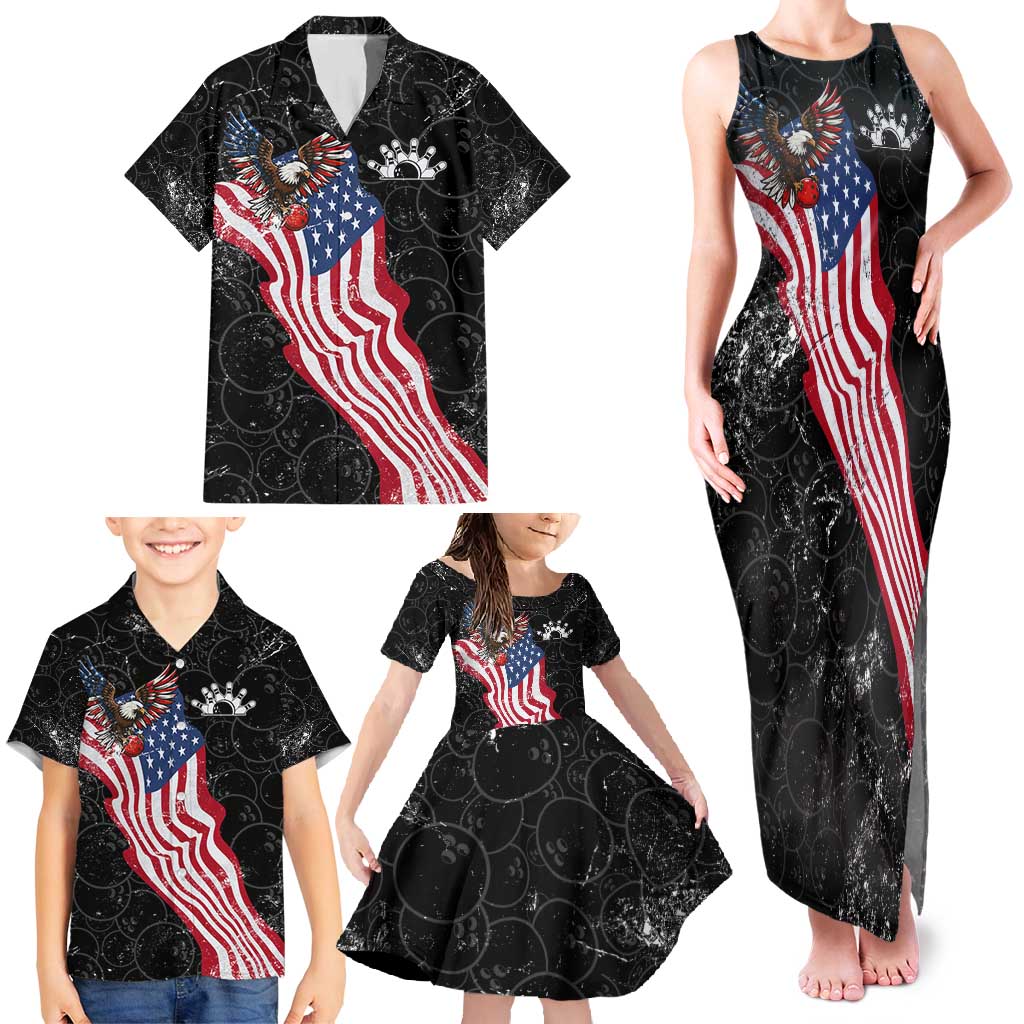 American Eagle Bowling Family Matching Tank Maxi Dress and Hawaiian Shirt with Distressed Flag and Grunge Pattern in Red White and Blue - Wonder Print Shop