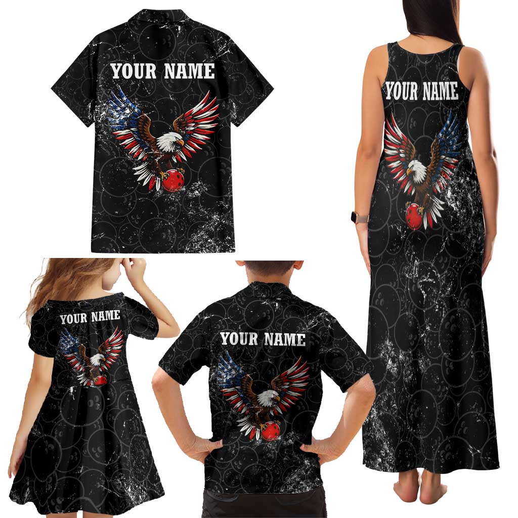 American Eagle Bowling Family Matching Tank Maxi Dress and Hawaiian Shirt with Distressed Flag and Grunge Pattern in Red White and Blue - Wonder Print Shop