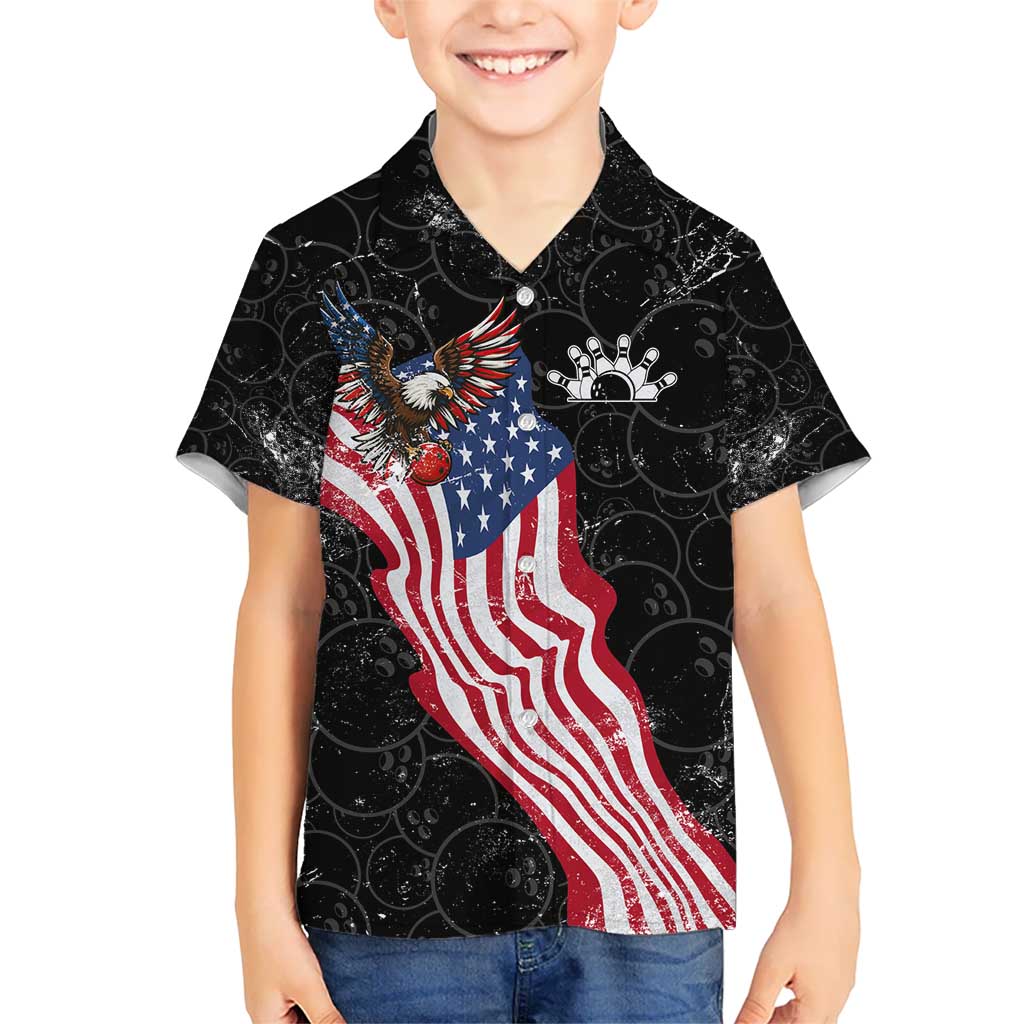 American Eagle Bowling Kid Hawaiian Shirt with Distressed Flag and Grunge Pattern in Red White and Blue - Wonder Print Shop