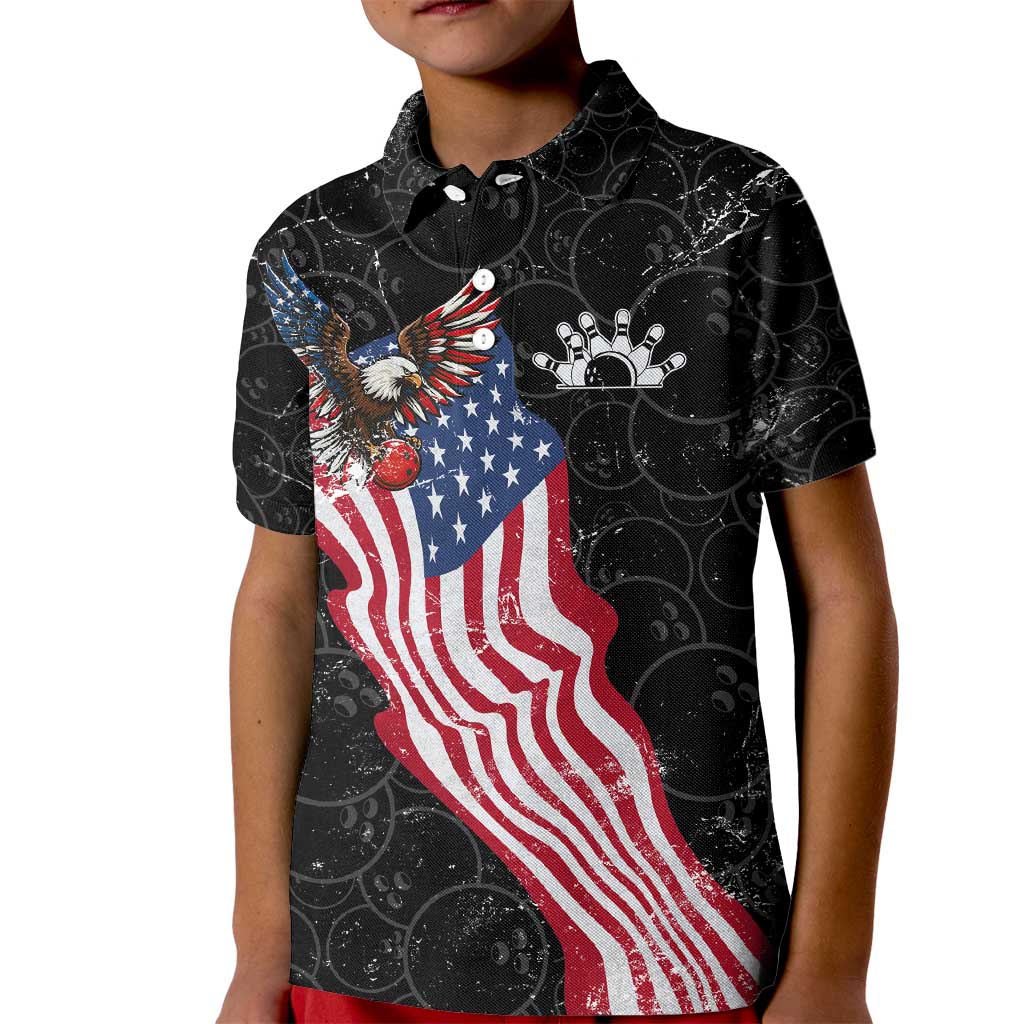 American Eagle Bowling Kid Polo Shirt with Distressed Flag and Grunge Pattern in Red White and Blue - Wonder Print Shop