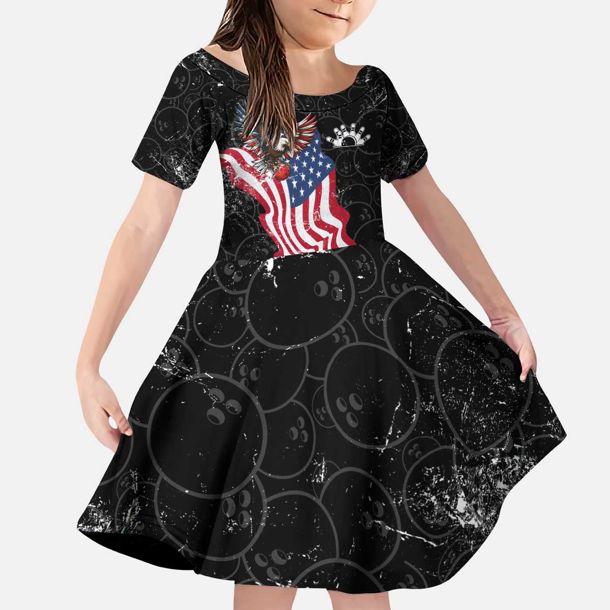 American Eagle Bowling Kid Short Sleeve Dress with Distressed Flag and Grunge Pattern in Red White and Blue - Wonder Print Shop