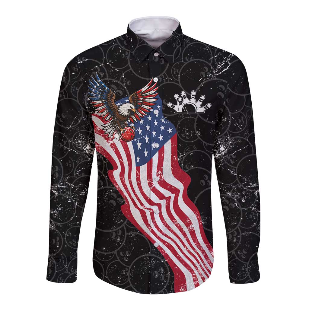 American Eagle Bowling Long Sleeve Button Shirt with Distressed Flag and Grunge Pattern in Red White and Blue - Wonder Print Shop