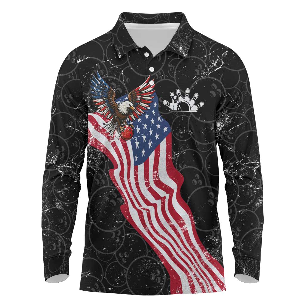 American Eagle Bowling Long Sleeve Polo Shirt with Distressed Flag and Grunge Pattern in Red White and Blue - Wonder Print Shop
