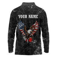 American Eagle Bowling Long Sleeve Polo Shirt with Distressed Flag and Grunge Pattern in Red White and Blue - Wonder Print Shop