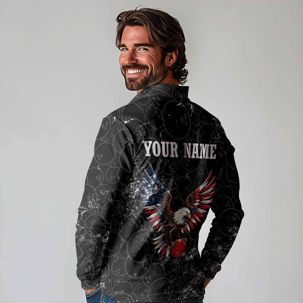 American Eagle Bowling Long Sleeve Polo Shirt with Distressed Flag and Grunge Pattern in Red White and Blue - Wonder Print Shop