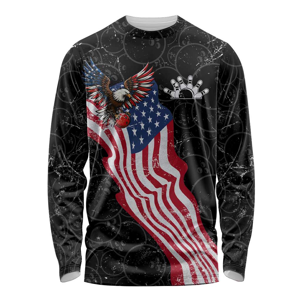 American Eagle Bowling Long Sleeve Shirt with Distressed Flag and Grunge Pattern in Red White and Blue - Wonder Print Shop
