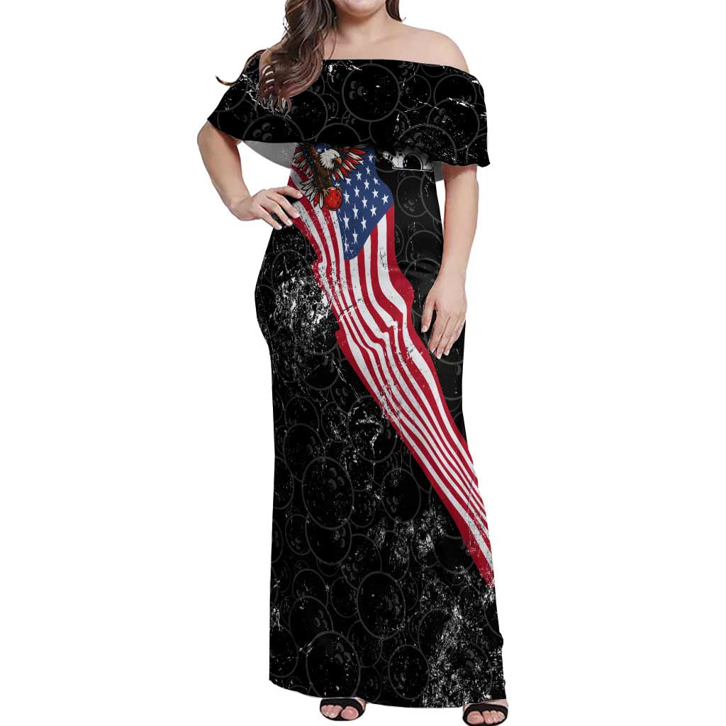 American Eagle Bowling Off Shoulder Maxi Dress with Distressed Flag and Grunge Pattern in Red White and Blue - Wonder Print Shop