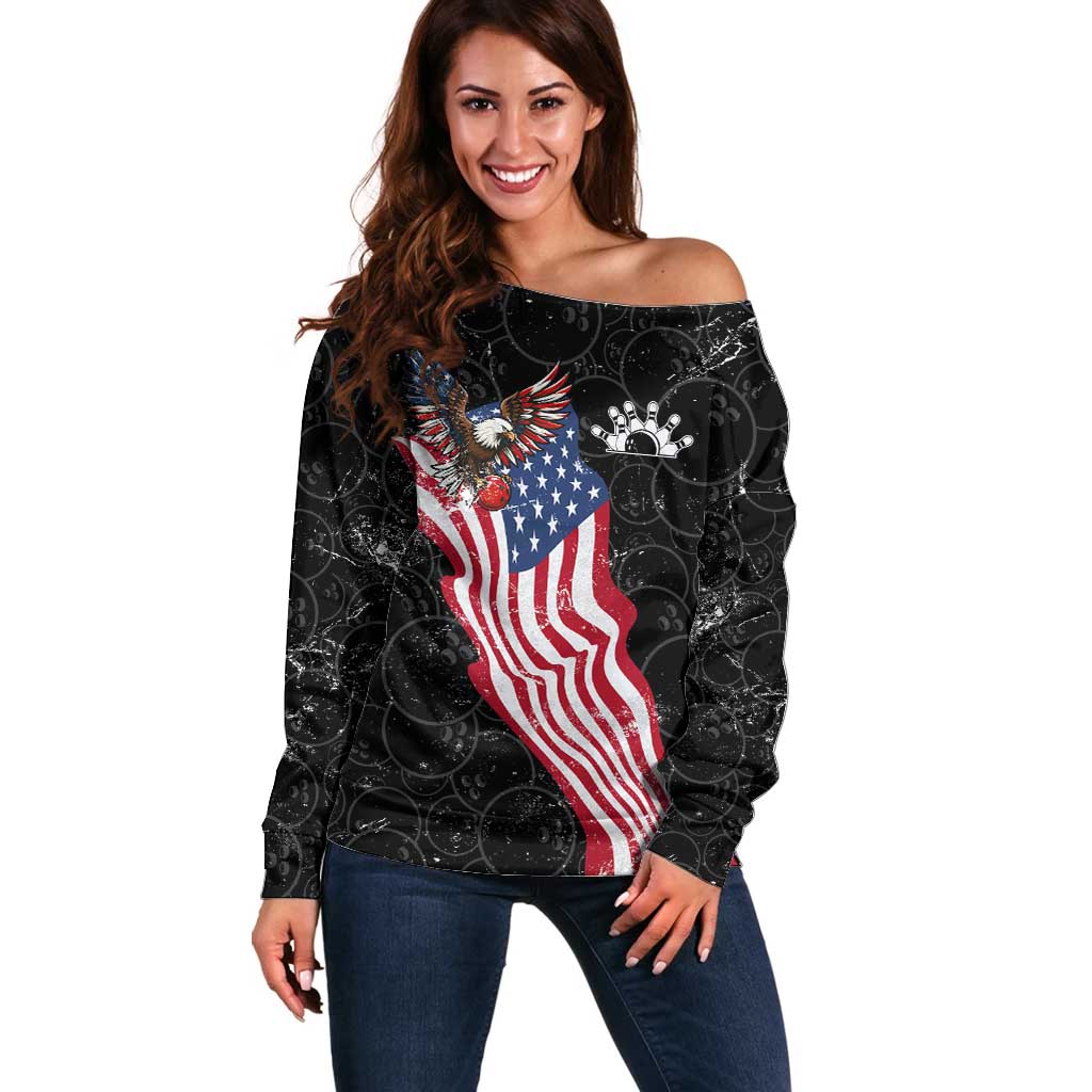 American Eagle Bowling Off Shoulder Sweater with Distressed Flag and Grunge Pattern in Red White and Blue - Wonder Print Shop