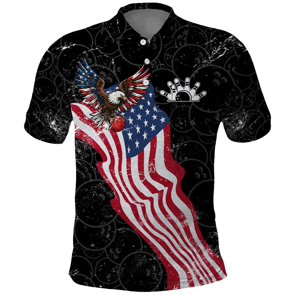 American Eagle Bowling Polo Shirt with Distressed Flag and Grunge Pattern in Red White and Blue - Wonder Print Shop