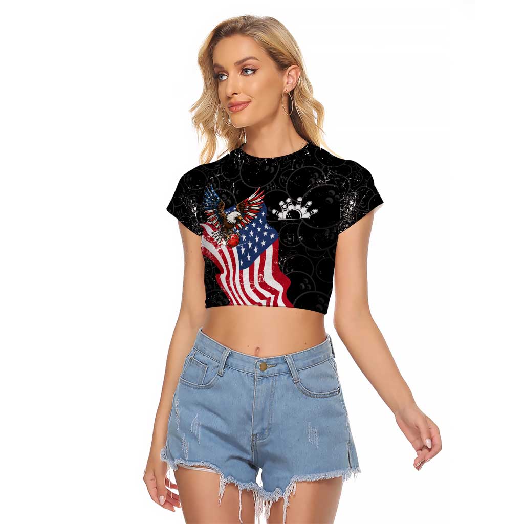 American Eagle Bowling Raglan Cropped T Shirt with Distressed Flag and Grunge Pattern in Red White and Blue - Wonder Print Shop