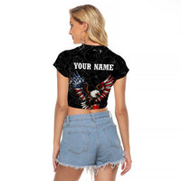 American Eagle Bowling Raglan Cropped T Shirt with Distressed Flag and Grunge Pattern in Red White and Blue - Wonder Print Shop