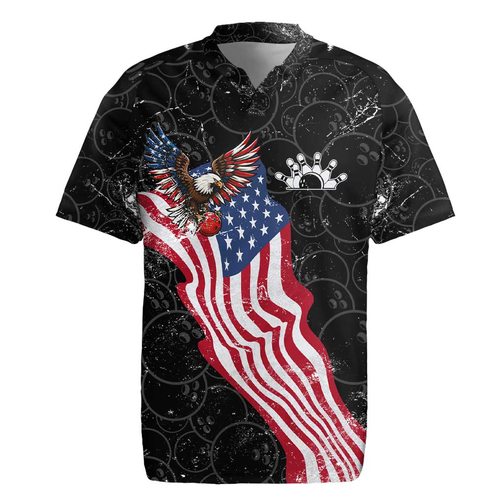 American Eagle Bowling Rugby Jersey with Distressed Flag and Grunge Pattern in Red White and Blue - Wonder Print Shop