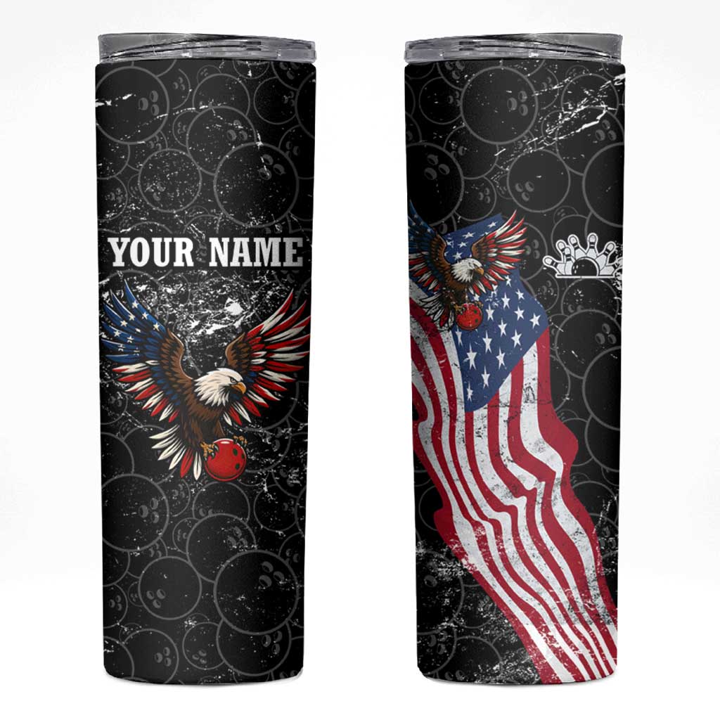 American Eagle Bowling Skinny Tumbler with Distressed Flag and Grunge Pattern in Red White and Blue - Wonder Print Shop