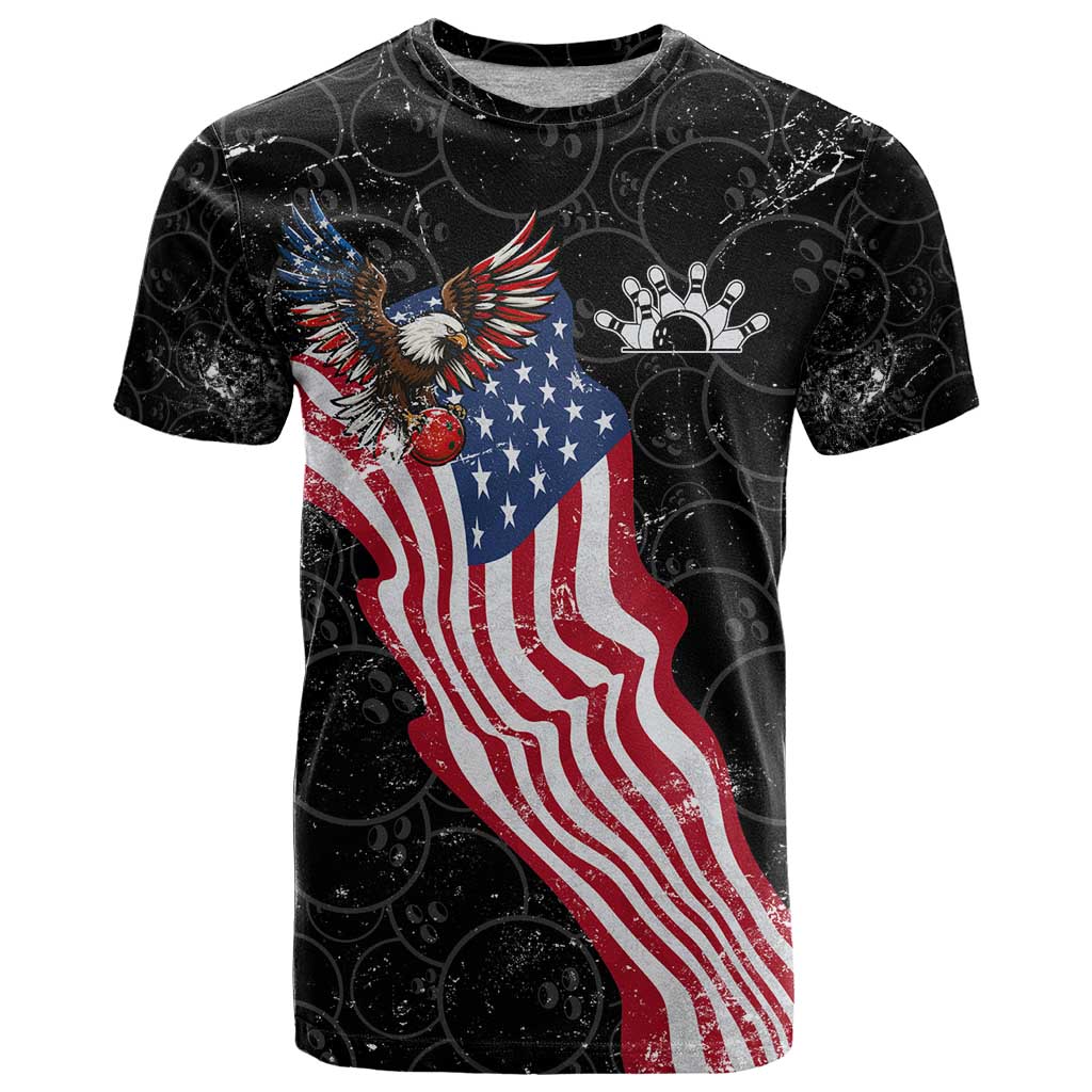 American Eagle Bowling T Shirt with Distressed Flag and Grunge Pattern in Red White and Blue - Wonder Print Shop