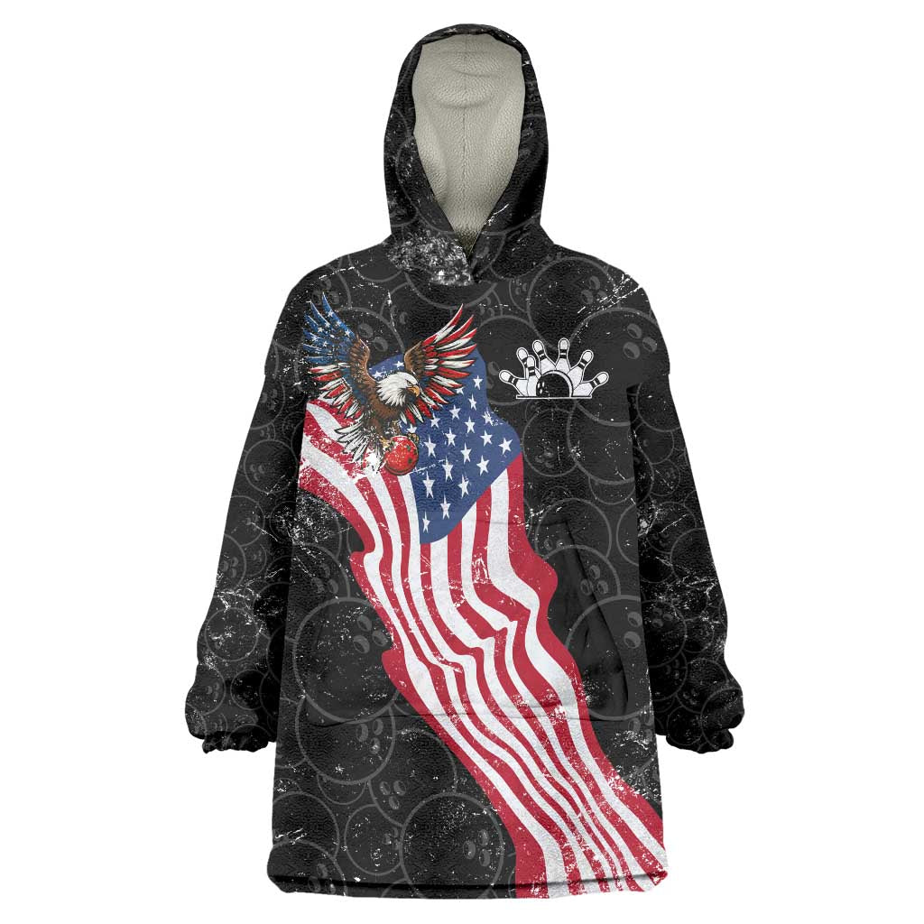 American Eagle Bowling Wearable Blanket Hoodie with Distressed Flag and Grunge Pattern in Red White and Blue - Wonder Print Shop