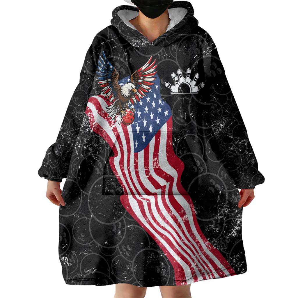 American Eagle Bowling Wearable Blanket Hoodie with Distressed Flag and Grunge Pattern in Red White and Blue - Wonder Print Shop