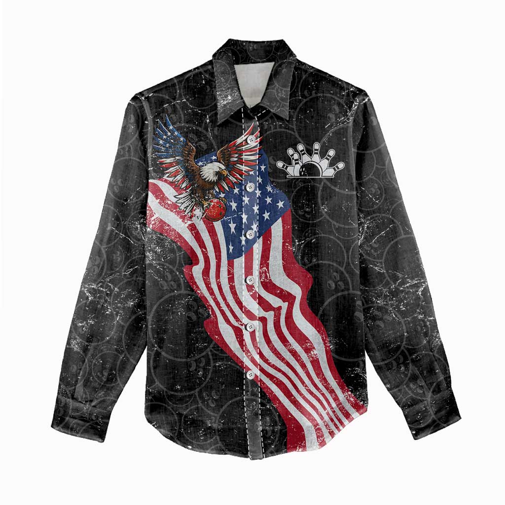 American Eagle Bowling Women Casual Shirt with Distressed Flag and Grunge Pattern in Red White and Blue - Wonder Print Shop
