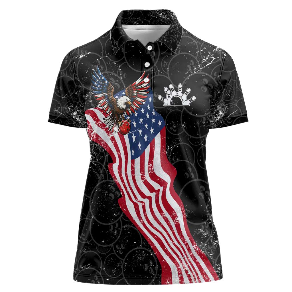 American Eagle Bowling Women Polo Shirt with Distressed Flag and Grunge Pattern in Red White and Blue - Wonder Print Shop
