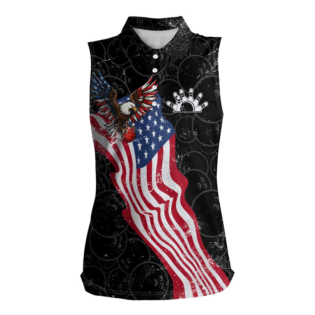 American Eagle Bowling Women Sleeveless Polo Shirt with Distressed Flag and Grunge Pattern in Red White and Blue - Wonder Print Shop